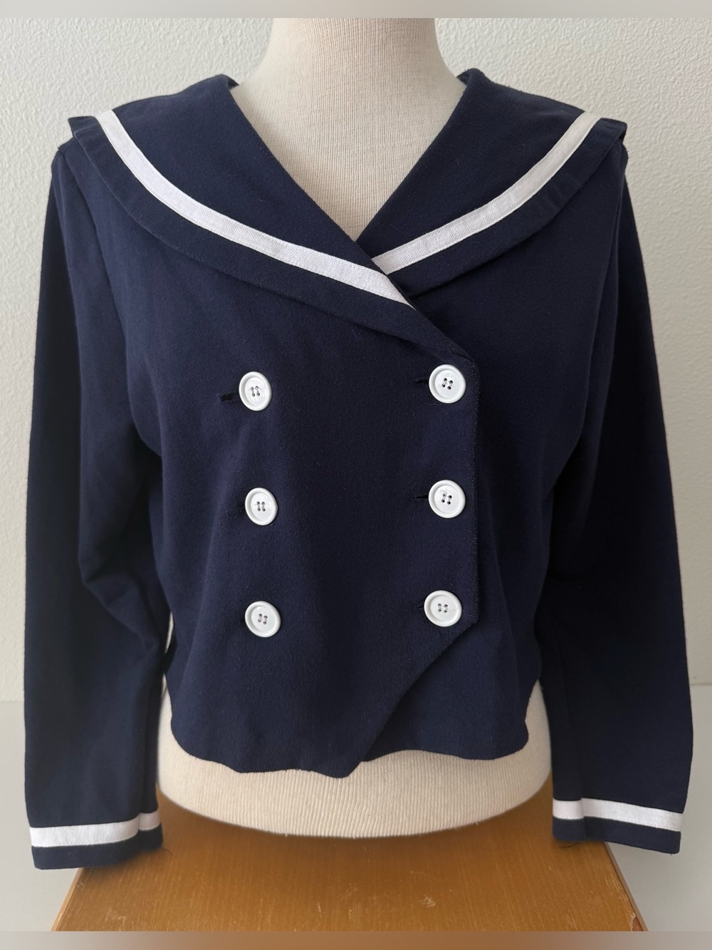 Vintage Hang Ten Double Breasted Sailor Sweatshirt Jacket Navy Blue Cropped Med